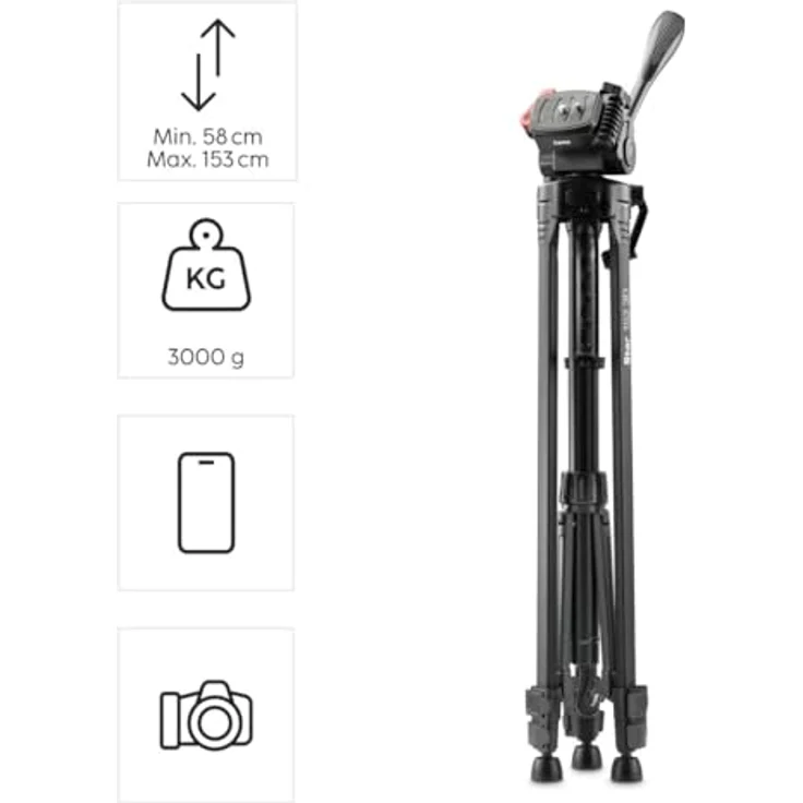 Hama Kamera Stativ Star 153 3D, höhenverstellbar 58–153 cm, bis 3 kg Belastbarkeit, mit Tasche – Bild 3