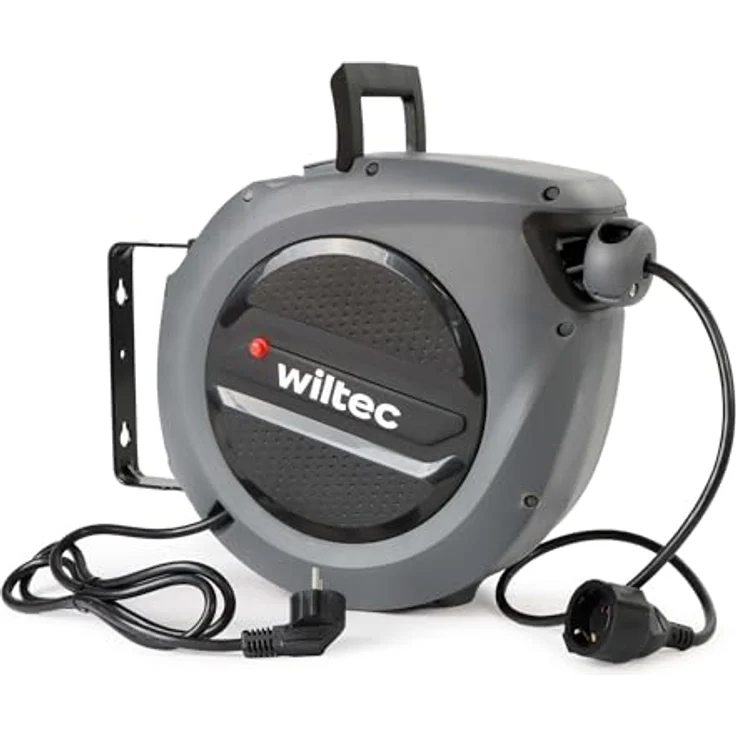 Wiltec Kabeltrommel 20 m + 2 m, automatischer Kabelaufroller 1500 – 3200 W, Verlängerungskabel Trommel 180° Halterung, robuste Kabel Trommel, schwarz – Bild 1