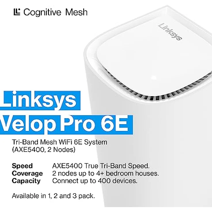 Linksys MX6202 Tri-Band Mesh WiFi Router, Cognitive Mesh-Technologie, WiFi 6E, 5,4 Gbit/s, 2 Velop Pro 6E-Knoten, sichere Netzwerk-Privatsphäre – Bild 2
