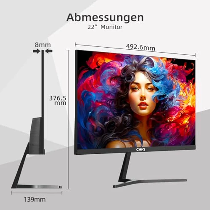 CHIQ 22F650 Monitor, 22 Zoll FHD (1920 x 1080), 100 Hz, Adaptive-Sync, 100% sRGB, HDMI, VGA, VESA, rahmenlos, ultradünn – Bild 3