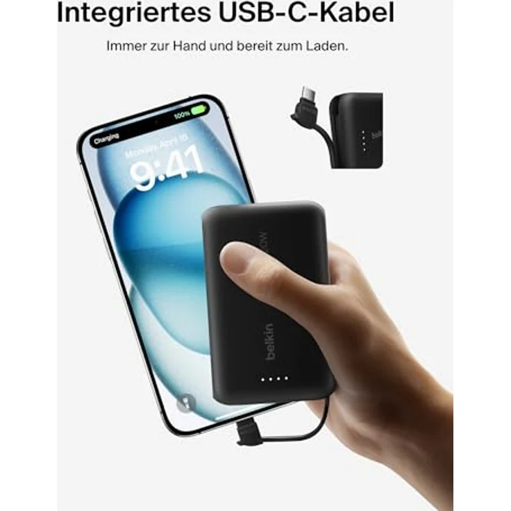 Belkin BoostCharge Power Bank, Portable Powerbank 10000mAh mit integriertem Kabel, PD 20 W – USB-C Power Delivery, für iPhone 16-Serie, iPad Pro und Galaxy S24, in Schwarz – Bild 5