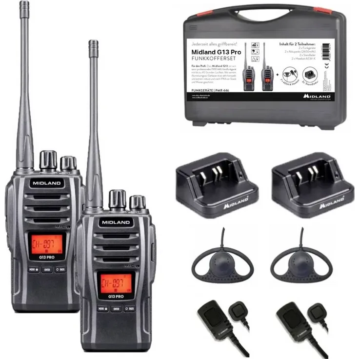 Midland G13 Pro PMR446+LPD Funkgeräte, 2er Set für Outdoor und professionelle Nutzung, robust und benutzerfreundlich