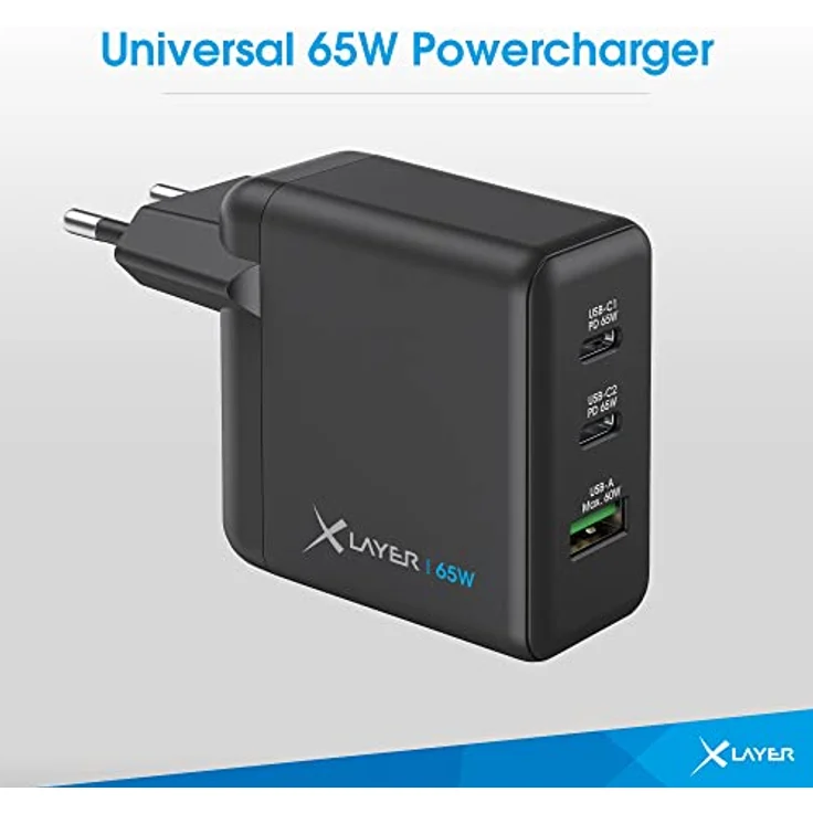XLayer Powercharger 65W USB C Typ Schnellladegerät Schwarz 3-Port Netzteil GAN Technologie - Fast Charger Adapter Kompatibel mit MacBook/Pro/Air, iPhone, iPad, Galaxy, Huawei, Xiaomi, Lenovo, Dell – Bild 2