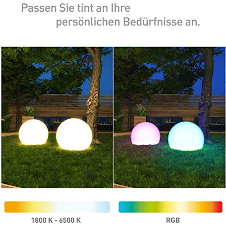 tint Smarte Outdoor LED-Leuchtkugel CALLUNA Weiß – Steuerbar per Alexa oder Fernbedienung – Mit weißem (1800-6500 K) und farbigem Licht RGB – Spritzwassergeschützt (IP44) – Ø 35 cm – Bild 3