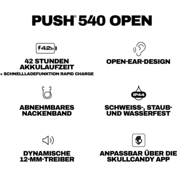 Skullcandy Push 540, Drahtlose Bluetooth Open-Ear-Ohrhörer mit bis zu 42 Stunden Akkulaufzeit, schwarz – Bild 11