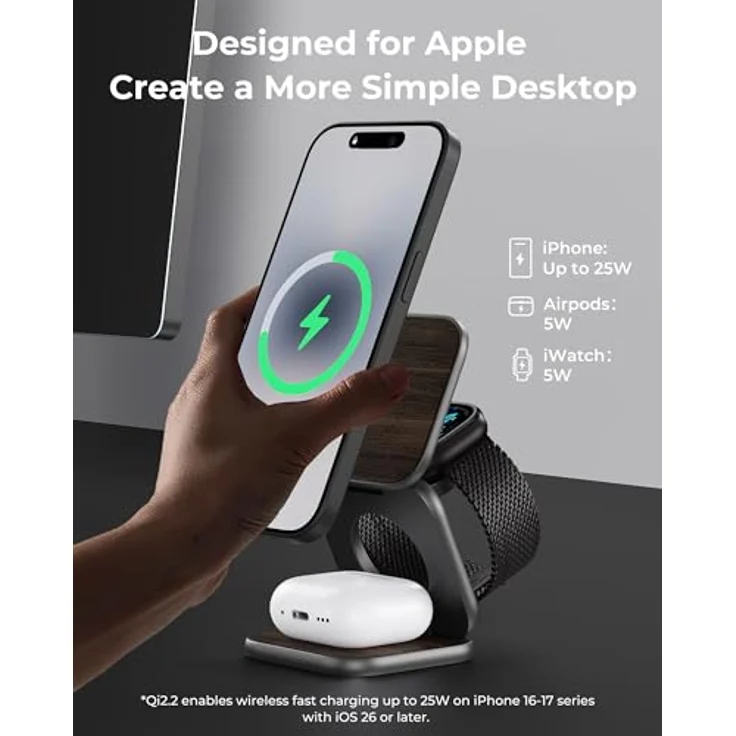 KU XIU XIU X40 Turbo Qi2.2 25W 3-in-1 Ladestation für iPhone 17/16/15/14/13/12, Aluminium-Design mit 45W GaN Adapter, 5W für iWatch und kabellose Ohrhörer, faltbar – Bild 3