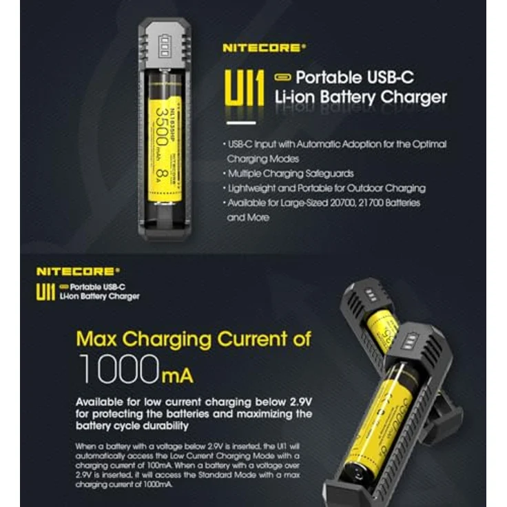 Nitecore 1fach USB-Ladegerät UI1 mit Ladestrom max. 800mAh, 3 LED, lädt 21700 mi – Bild 4