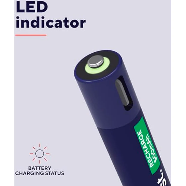 Trust USB-C Wiederaufladbare AAA Batterien, 4er-Pack mit 500 mAh, Schnellladung, grüner LED-Akkustatusanzeige, USB-Kabel enthalten – Bild 4