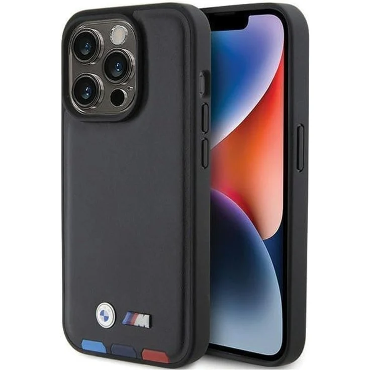 BMW BMHCP15L22PTDK iPhone 15 Pro 6.1, Hartschale aus hochwertigem Leder mit Tricolor-Stempel, schwarz/schwarz