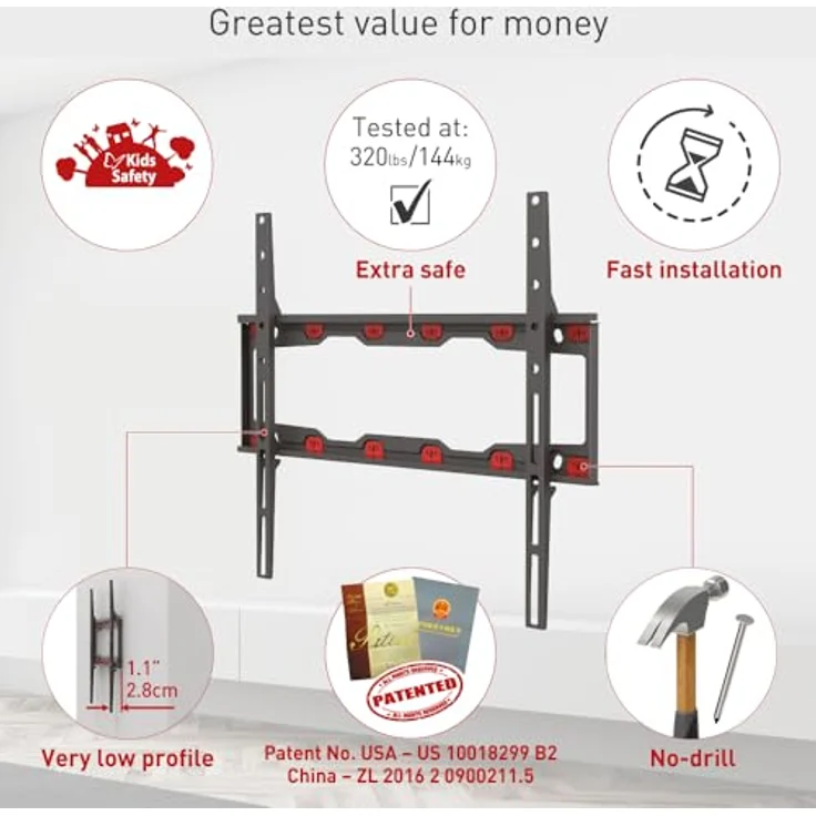 Barkan Mounting Systems ND300, Feste Wandhalterung für 19 bis 65 Zoll Bildschirme, VESA 75x75 bis 400x400 mm, Max. 37 kg, Schwarz – Bild 5