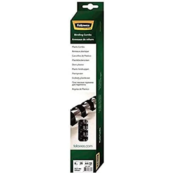 Fellowes Binderücken für Plastikbindung, 8 mm Durchmesser, 21 Ringe, für A4 Dokumente, schwarz, Packung mit 25 Stück