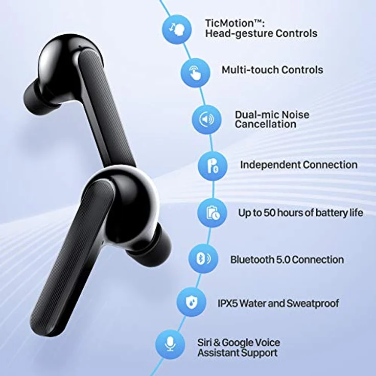 Ticwatch Earbuds Gesture Drahtlose In-Ear-Kopfhörer Unabhängige Verbindung mit Bluetooth 5.0 Dual-Mic Noise Cancelling 50H Spielzeit mit Ladekoffer Black – Bild 2