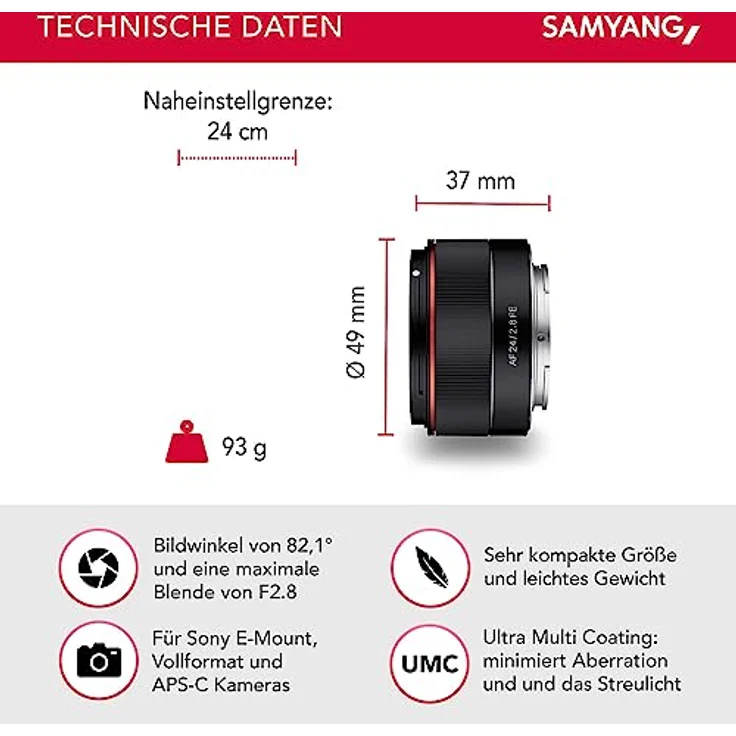 Samyang AF 24 mm F2.8 FE (Tiny but Wide) - Vollformat 24mm Weitwinkel Festbrennweite Autofokus Objektiv für Sony E, FE, E-Mount, für Sony A9, A7, A6500, A6300, A6000, A5100, A5000, Nex Kameras – Bild 2
