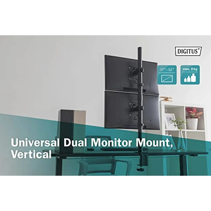Digitus Monitor-Halterung Universal Dual Monitorhalter, Vertikal für 2 Monitore bis 32 Zoll, schwenkbar und neigbar, Tischklemme und Durchführungs-Stange inklusive – Bild 2