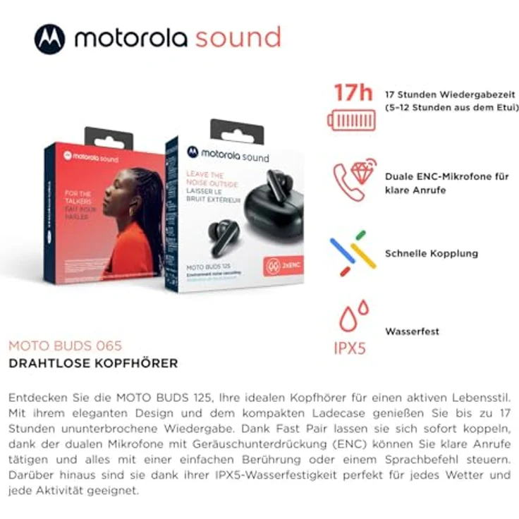 Motorola Buds 125, True Wireless In-Ear Kopfhörer mit IPX5 Spritzwasserschutz, 17 Stunden Akkulaufzeit, Schwarz – Bild 2