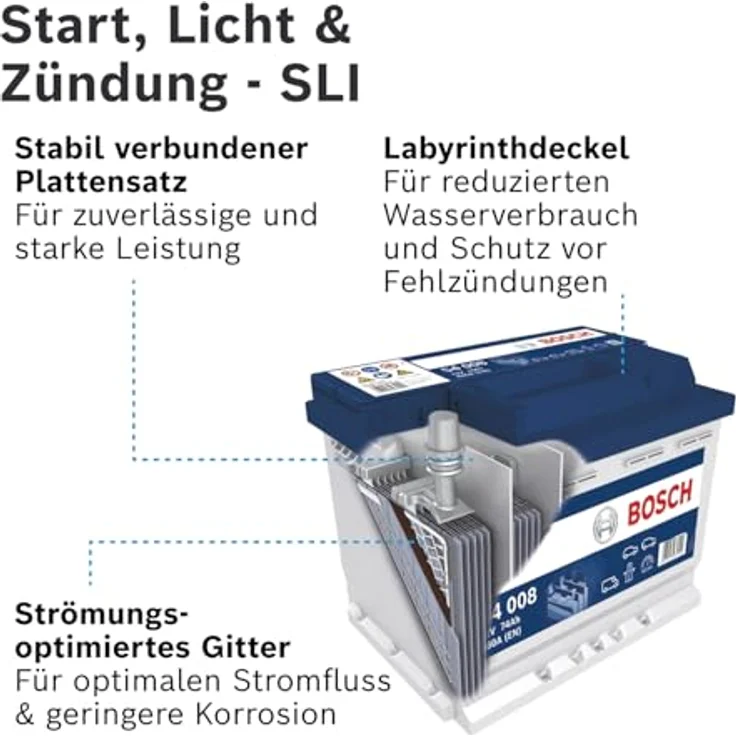 Bosch S4 008 Autobatterie 12V, 74Ah, 680A, wartungsfrei, kompakte Maße 278 x 175 x 190 mm – Bild 5