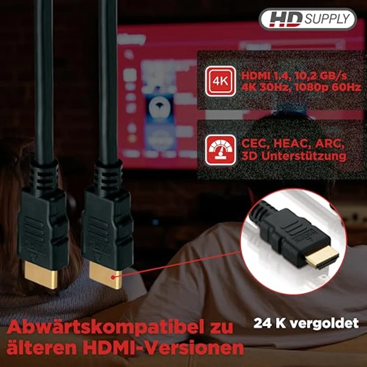 HDSupply HC000-015E High Speed HDMI Kabel mit Ethernet, HDMI-A Stecker (19-polig) auf HDMI-A Stecker (19-polig), 2-fach geschirmt, vergoldete Kontakte, 1,5m, schwarz – Bild 4