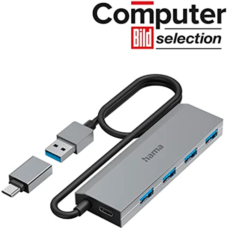 Hama USB-Hub, 4 Ports, USB 3.2 Gen1, 5 Gbit-s, inkl. USB-C-Adapter und Netzteil (00200138) – Bild 2