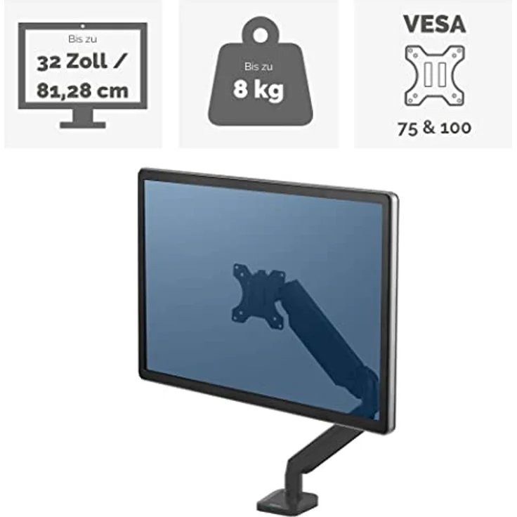 Fellowes 8043301 Platinum Series Gasfeder Einzel Monitorarm, drehbar, schwenkbar, neigbar – Bild 2