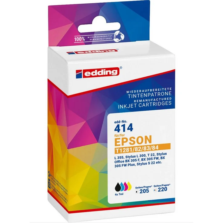 edding Tintenpatrone EDD-414-01, ersetzt Epson T1281/T1282/T1283/T1284, 4er Pack mit black, cyan, magenta, yellow Nachfülltinte