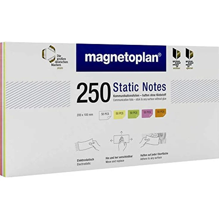 magnetoplan® Notizzettel Statische Notizen, 200x100mm, 250 Stück sortiert in Weiß/Gelb/Grün/Rosa/Orange, trocken abwischbar, haften ohne Klebstoff – Bild 2