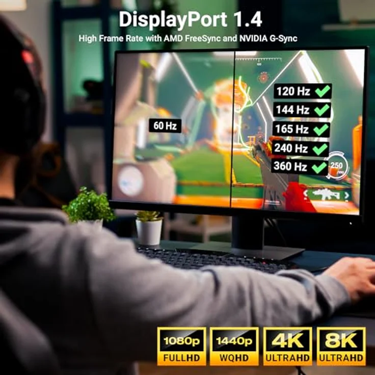 deleyCON 2m DisplayPort Kabel 1.4 (8K@60Hz 4K@165Hz 2K@360Hz) UHD WQHD HDR HDCP 2.2 - AMD FreeSync NVIDIA G-Sync - Grau Schwarz – Bild 2