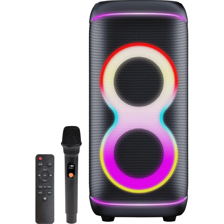 DENVER BPS-370, Bluetooth Lautsprecher mit 100 W RMS, synchronisierten LED-Effekten und IPX4 Spritzwasserschutz, tragbar mit Griff und Rollen