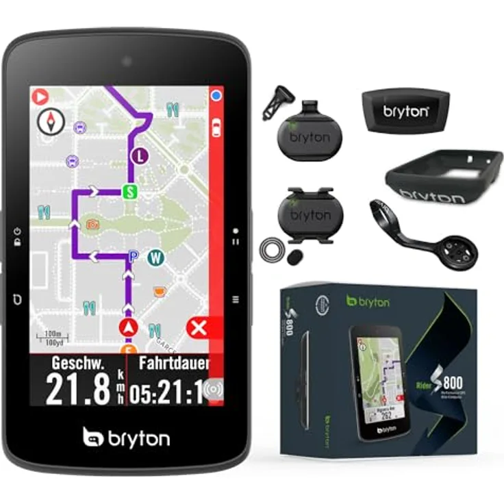 Bryton Rider S800T Bundle Fahrradcomputer mit Herz, Tritt- und Geschwindkeitssensor, 3.4" MIP Farbdisplay, 36 Stunden Akkulaufzeit