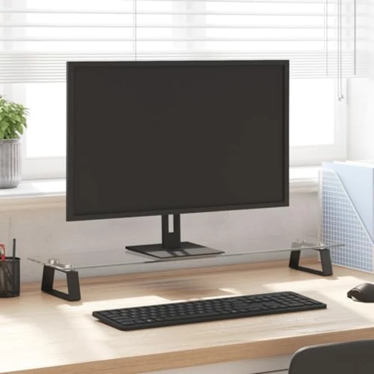 vidaXL Monitorständer mit Stauraum, Monitorerhöhung aus Hartglas und Metall, schwarz, 80x20x8cm, ergonomisches Design – Bild 2