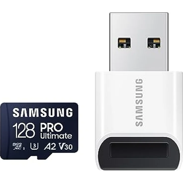 Samsung PRO Ultimate microSD Speicherkarte (MB-MY128SB/WW), 128 GB, UHS-I U3, Full HD & 4K UHD, 200 MB/s Lesen, 130 MB/s Schreiben, für Smartphone, Drohne oder Action-Cam, inkl. USB-Kartenleser – Bild 1