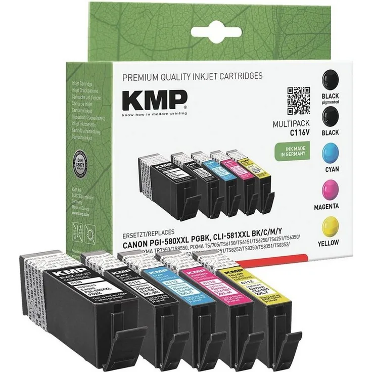 KMP Tintenpatrone Set, 5-tlg., ersetzt Canon PGI-580XXLPGBK/CLI-581XXLBK/C/M/Y, schwarz (600 und 4950 Seiten), cyan (820 Seiten), magenta (760 Seiten), gelb (824 Seiten)
