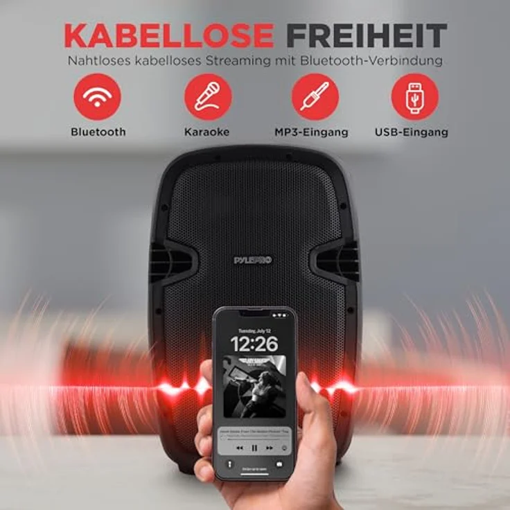 Pyle PPHP1049KT, 1000W PA Anlage Komplettset mit 2 Lautsprechern, Bluetooth-fähig, Mikrofon, USB/SD/MP3/AUX, mit 2 höhenverstellbaren Lautsprecher-Ständern, Schwarz – Bild 4