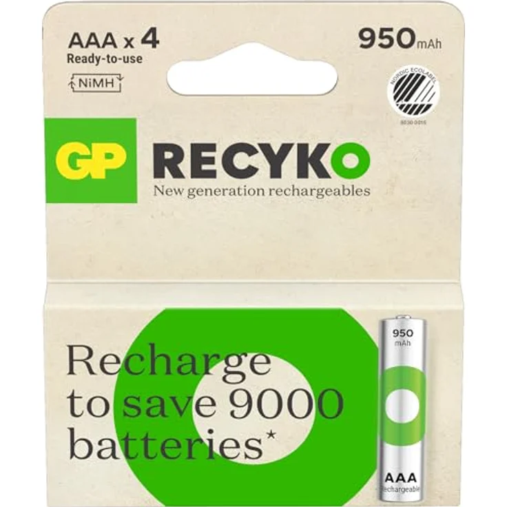 GP Recyko NiMH-Akku AAA HR03, 950 mAh wiederaufladbar, 4er-Pack, temperaturbeständig bis -20 °C, umweltfreundlich und recycelbar – Bild 1