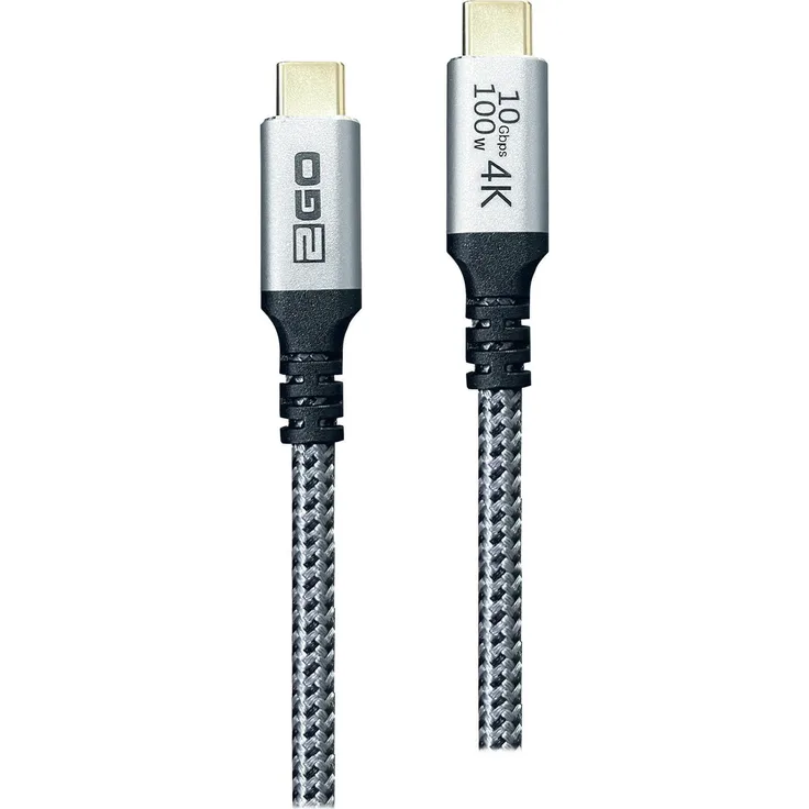 2GO USB-C Schnellladekabel, 100W, 10Gbps, 1,2m, Schwarz/Silber