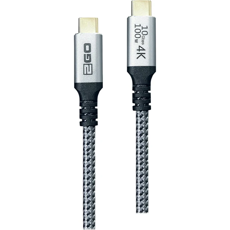 2GO USB-C Schnellladekabel, 100W, 10Gbps, 1,2m, Schwarz/Silber