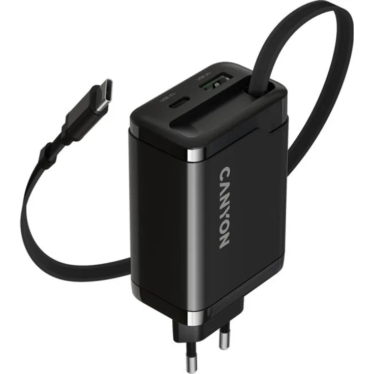 Canyon Ladegerät CNS-CURC65ACB, 65W USB-C Adapter mit integriertem Kabel, Power Delivery und Quick Charge