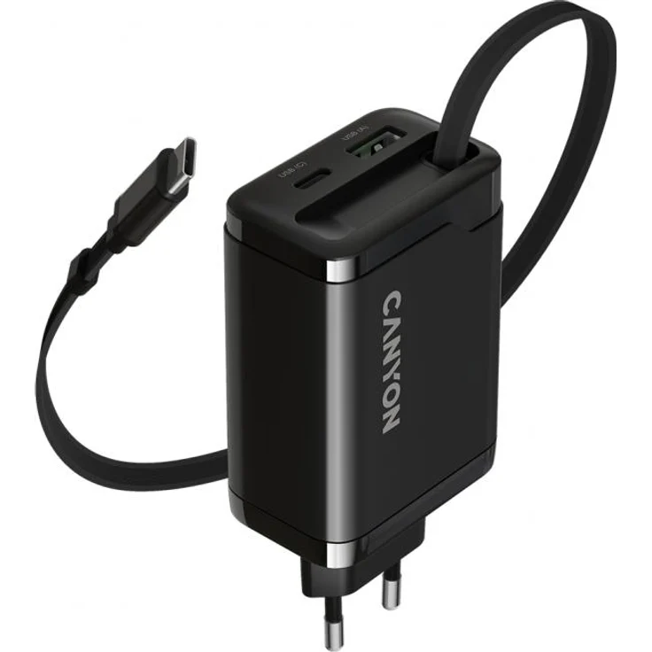Canyon Ladegerät CNS-CURC65ACB, 65W USB-C Adapter mit integriertem Kabel, Power Delivery und Quick Charge