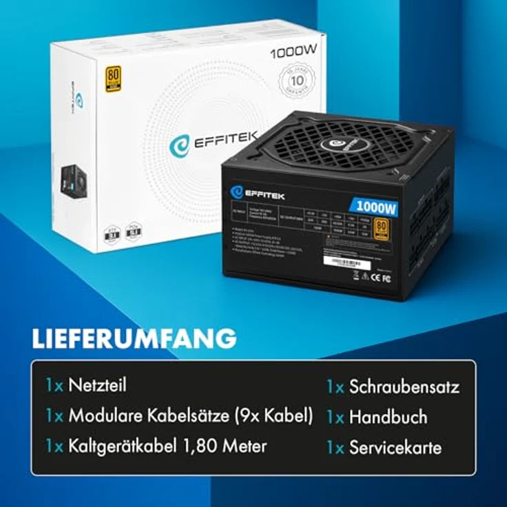 EFFITEK Gold Series 1000W Netzteil, 80 Plus Gold, ATX 3.1 & PCIe 5.1 kompatibel, vollmodular, geräuscharm, Japan 105°C Kondensator, aktives PFC, Premium 16AWG Kabel – Bild 4