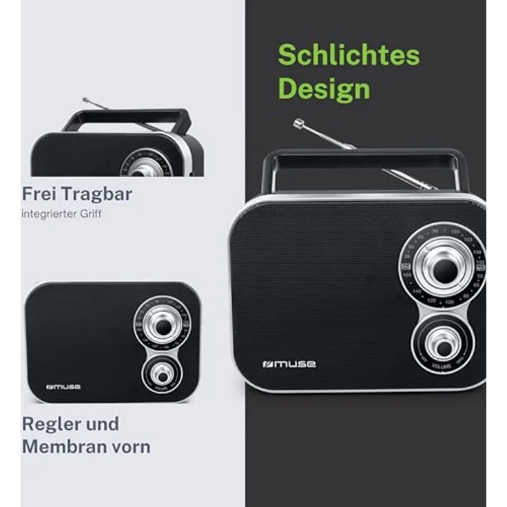 Muse M-051R tragbares Retro-Radio, UKW und MW, Netz- und Batteriebetrieb, Teleskopantenne, AUX-In, schwarz – Bild 4