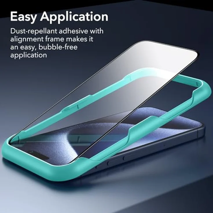 ESR Panzerglas für iPhone 15 Pro, gehärtete Displayschutzfolie 3 Stück, 9H Härte, HD klar, blasenfreies Anbringen, vollständiger Displayschutz – Bild 5