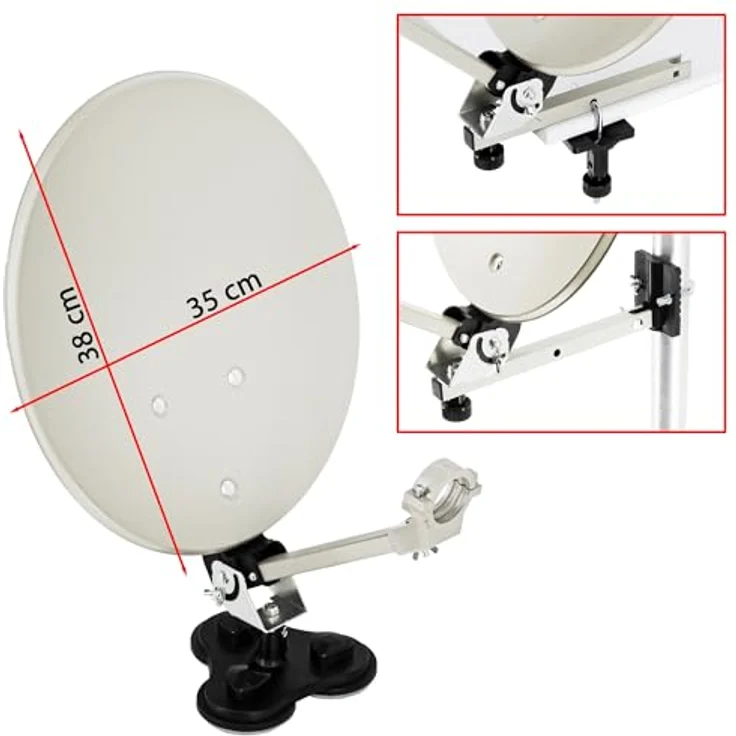 Premium X Camping TV SAT Anlage Satelliten-Schüssel Single LNB 10m Antennen-Kabel F-Stecker Sat-TV-Signalfinder im Koffer, wettergeschütztes LNB mit 0,1 dB Rauschmaß, 4-fach abgeschirmtes Class A Kabel, Saugfuß für einfache Montage, in schwarz – Bild 2