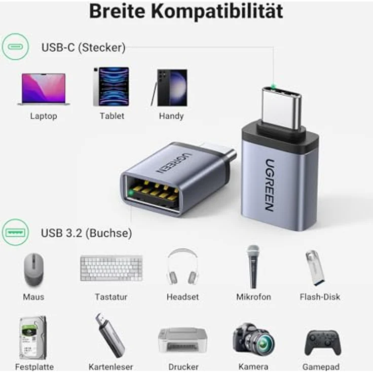 UGREEN USB C auf USB 3.2 Adapter, 10Gbps OTG, 2 Stück, USB C Stecker auf A Buchse, kompatibel mit iPhone 17/16 Series, MacBook Pro/Air, Galaxy Tab S9/S24, grau – Bild 2