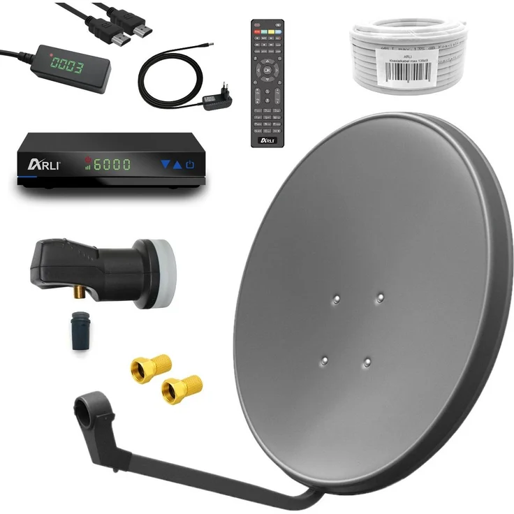 ARLI HD Sat Anlage 60 cm Grau, Komplettset mit Receiver, LNB, 10 m Kabel & F-Stecker, Satellitenschüssel für 1 Teilnehmer, DVB-S2 Full HD