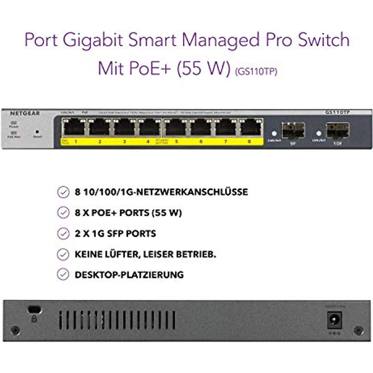 Netgear GS110TP 10-Port Gigabit Ethernet LAN PoE Switch Smart Managed Pro (8x PoE+ 55W, 2x 1G-SFP, flexibles Management lokal oder Remote per Insight Cloud, lüfterlos, mit ProSAFE Lifetime-) – Bild 2