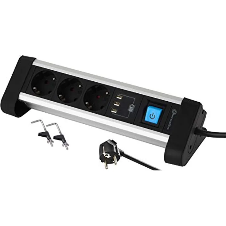 Electraline 62559 Steckdosenleiste 3-Fach Alu für den Schreibtisch + 3 USB 3.4A, Kabel 2m / Mehrfachsteckdose/Tischsteckdose Steckerleiste, Schuko Stecker, Metal, Schwarz, 3 Fach + 3 USB