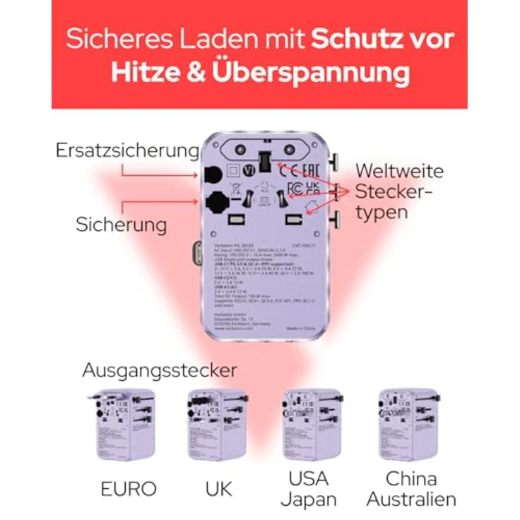 Verbatim Charge 'N' Travel 100W, Universal-Reiseadapter mit integriertem USB-C Kabel, lila – Bild 5