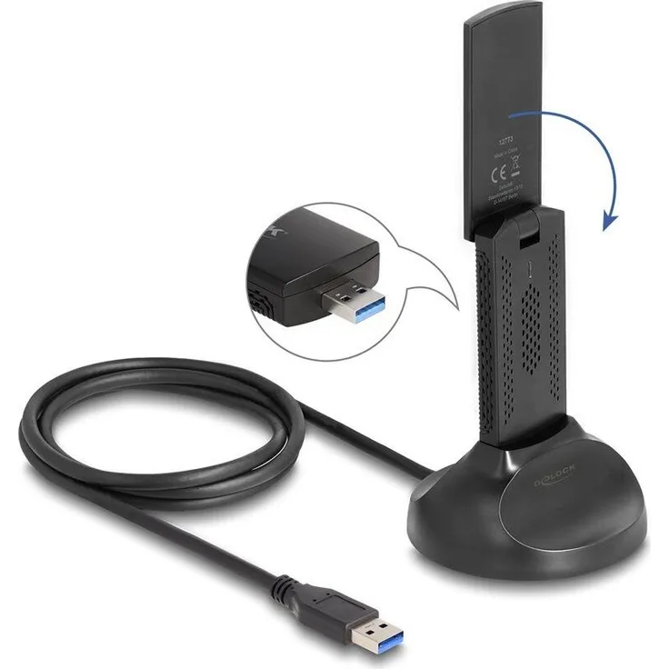 Delock Wi-Fi 6E Dualband WLAN USB Adapter AX3000, kompakter USB Stick mit 2x 574 Mbps, faltbarer Antenne und magnetischem Standfuß, schwarz