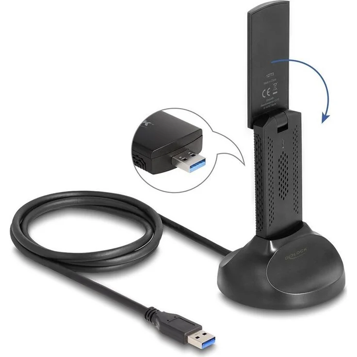 Delock Wi-Fi 6E Dualband WLAN USB Adapter AX3000, kompakter USB Stick mit 2x 574 Mbps, faltbarer Antenne und magnetischem Standfuß, schwarz