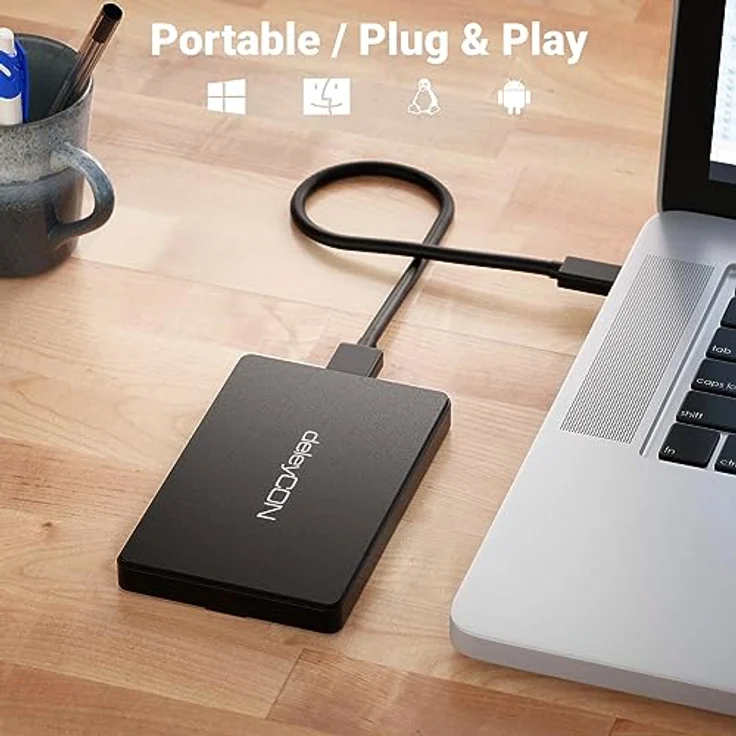 deleyCON USB-C Festplattengehäuse 2,5 Zoll - USB 3.1 Gen 1 Externes Festplatten Gehäuse für 2,5" (6,35 cm) SATA HDD Festplatte / SSD 7 mm & 9 mm - Werkzeugfreie Montage - Schwarz – Bild 3
