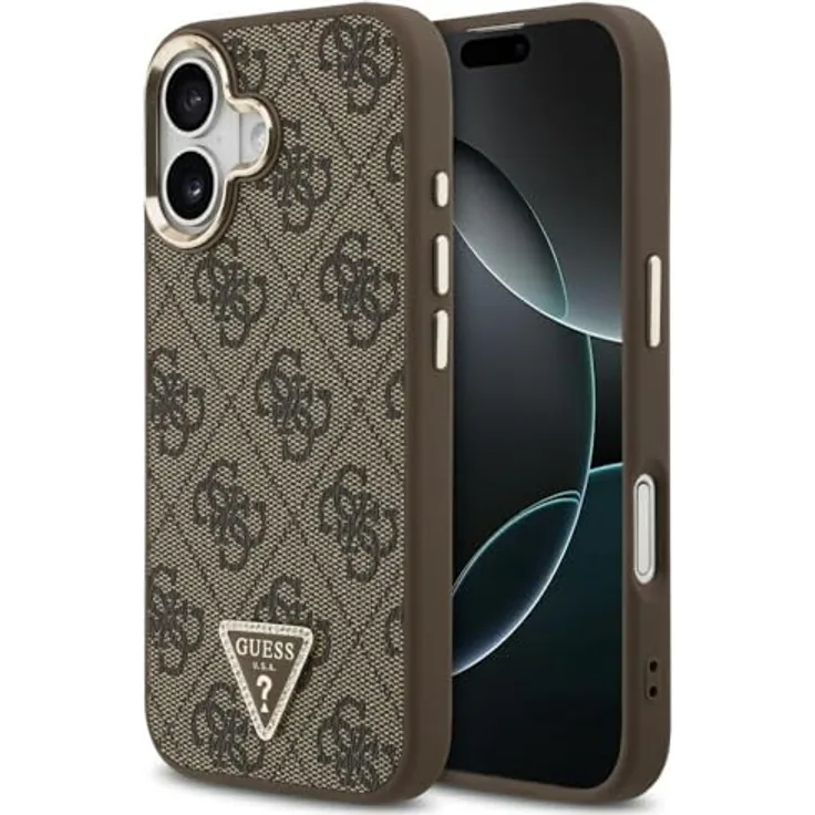 CG MOBILE Guess 4G-Dreieck-Logo Schutzhülle kompatibel mit MagSafe für iPhone 17, Braun/Gold, TPU/PC/Kunstleder